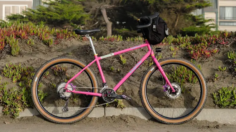 A pink rigid bike with black-and-tan tires standing up against a median filled with sand and ice plant.