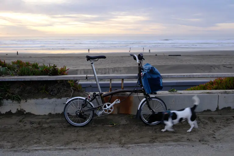An unfolded brown Brompton resting against a barrier in front of Ocean Beach. A blurry dog is running across the foreground.