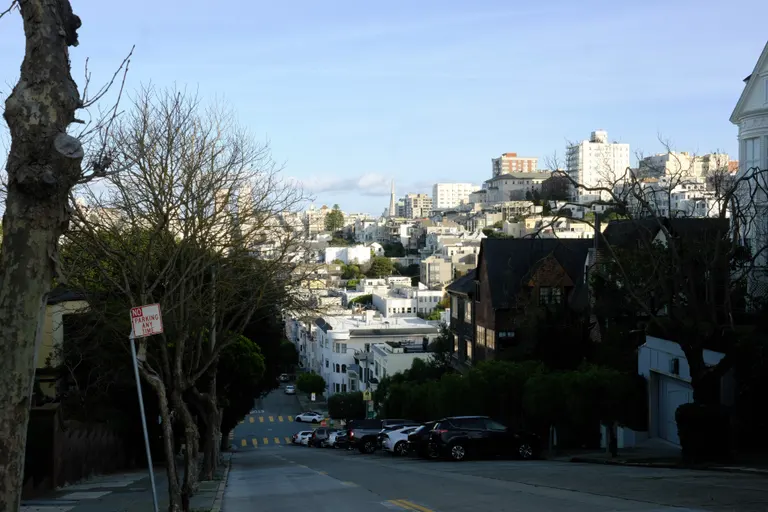 Looking down a hill towards the Transamerica Pyramid
