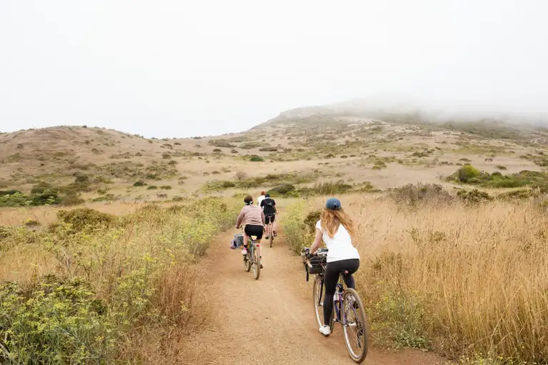 The group biking into the foggy hills surrounded by yarrow and tall grass.