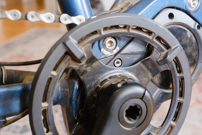 The front of a 1x crankset with the chain case fixing mounts visible