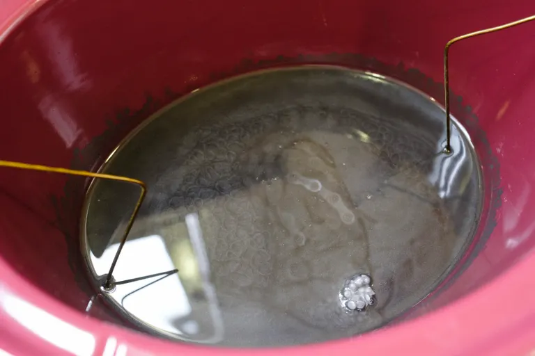 A chain submersed in nearly melted wax inside a slow cooker