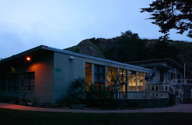 The Randall Museum in front of the peak of Corona Heights