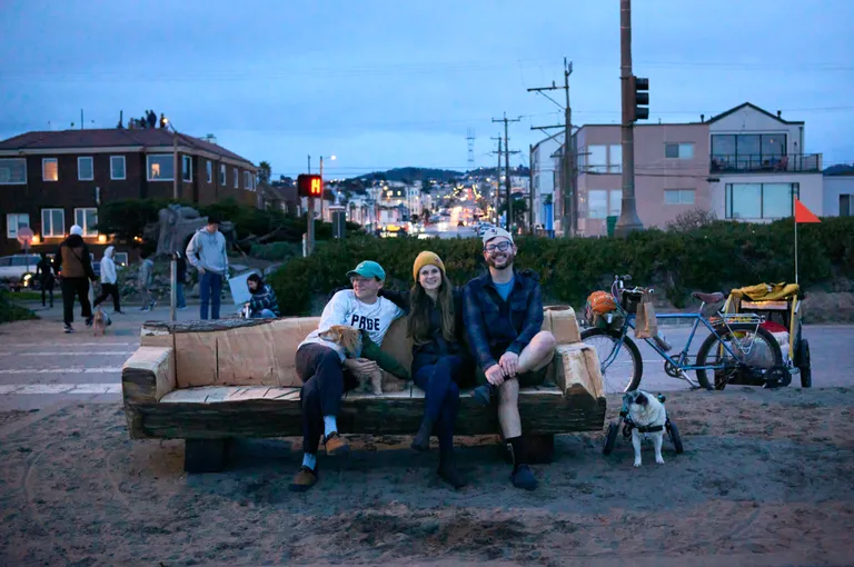 Sarah, Goldberg, Kat, Jerry, and Atlas on a wooden bench