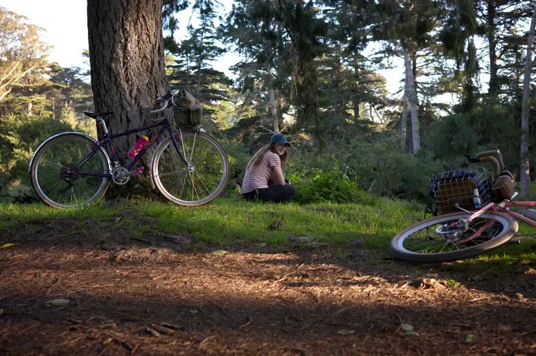 Kat sitting in the grass looking towards the camera next to her purple Trek bike
