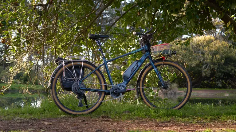 A blue bike with the new waxed chain under a tree in some late afternoon light.