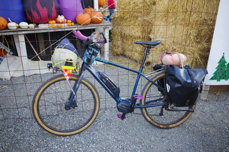 A blue e-bike with two panniers on the rear rack and pumpkins on the rear rack and front basket