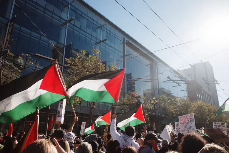 A crowd of people at a rally for Gaza with Palestine flags