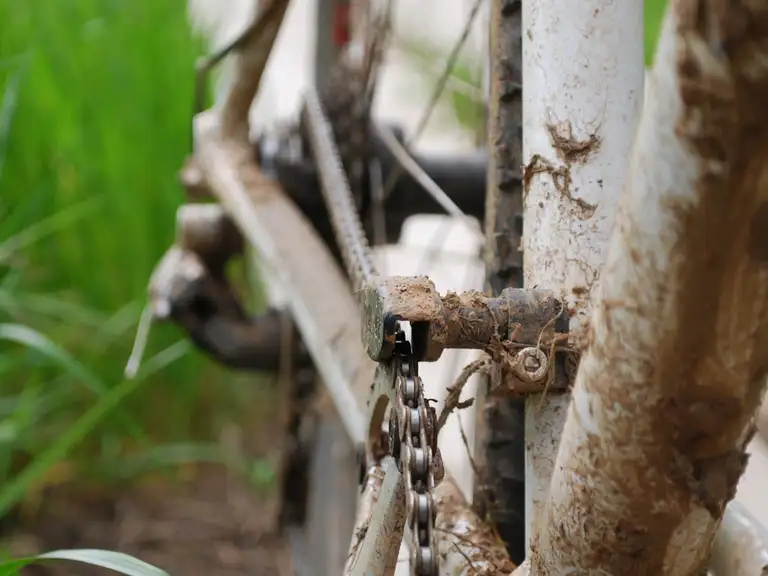 A muddy Chain Keeper sitting directly over the chain