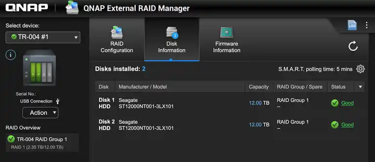 A screenshot of the QNAP External RAID Manager interface showing the configuration of a TR-004 device. It displays two installed disks, both Seagate ST12000NT001-3LX101 hard drives with a capacity of 12 TB each, configured in RAID 1. The RAID group is labeled “TR-004 RAID Group 1,” with a usable capacity of 12 TB. The status of both disks and the RAID group is marked as “Good.”